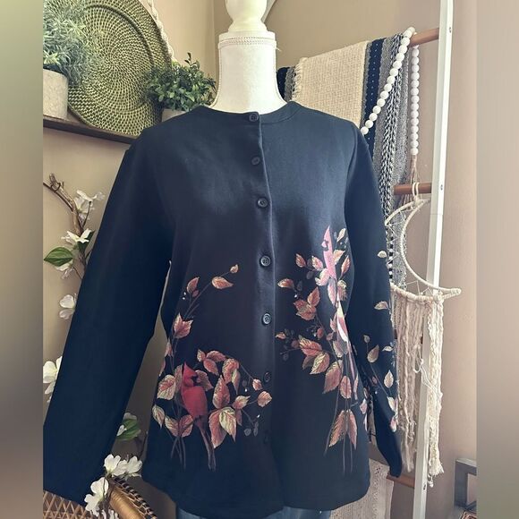 New with tags VTG Deadstock Artisans Inc. Black Cardinal Leaves Cardigan Sweater - Picture 1 of 11